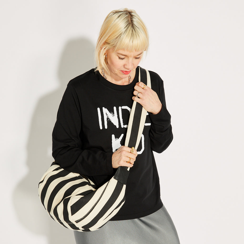 Large Stripe Ivory Black Crossbody Bag Side shot