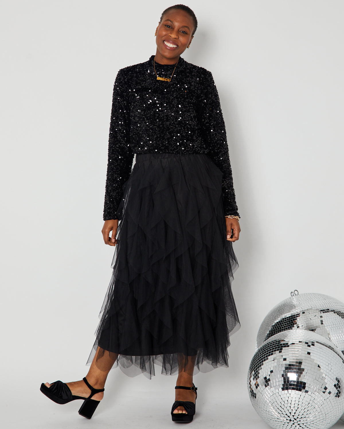 Black Layered Frill Tulle Skirt straight on pose perfect for party season christmas and new year
