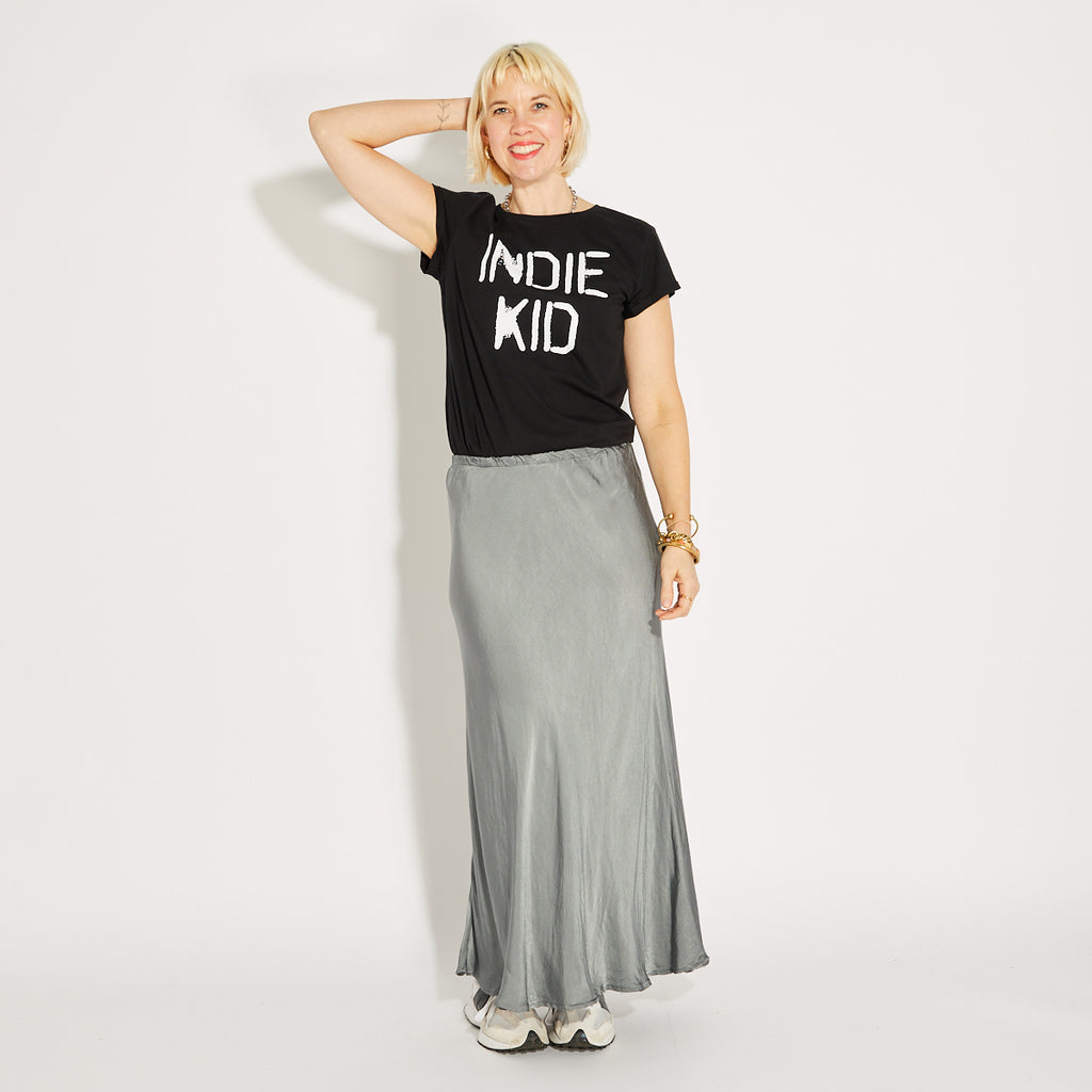 Pewter Satin Midi Skirt