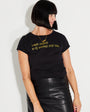 Womens Black t-shirt with 'Last Night A DJ Saved My Life' gold text - Disko Kids