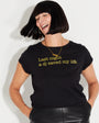 Womens Black t-shirt with 'Last Night A DJ Saved My Life' gold text - Disko Kids 