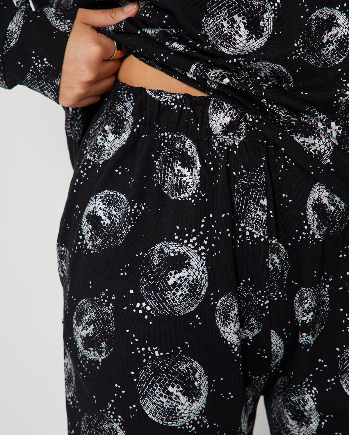 Disco Ball Cotton Pyjama Set close up shwing waistband and disco ball print or christmas gift and cosy nights in
