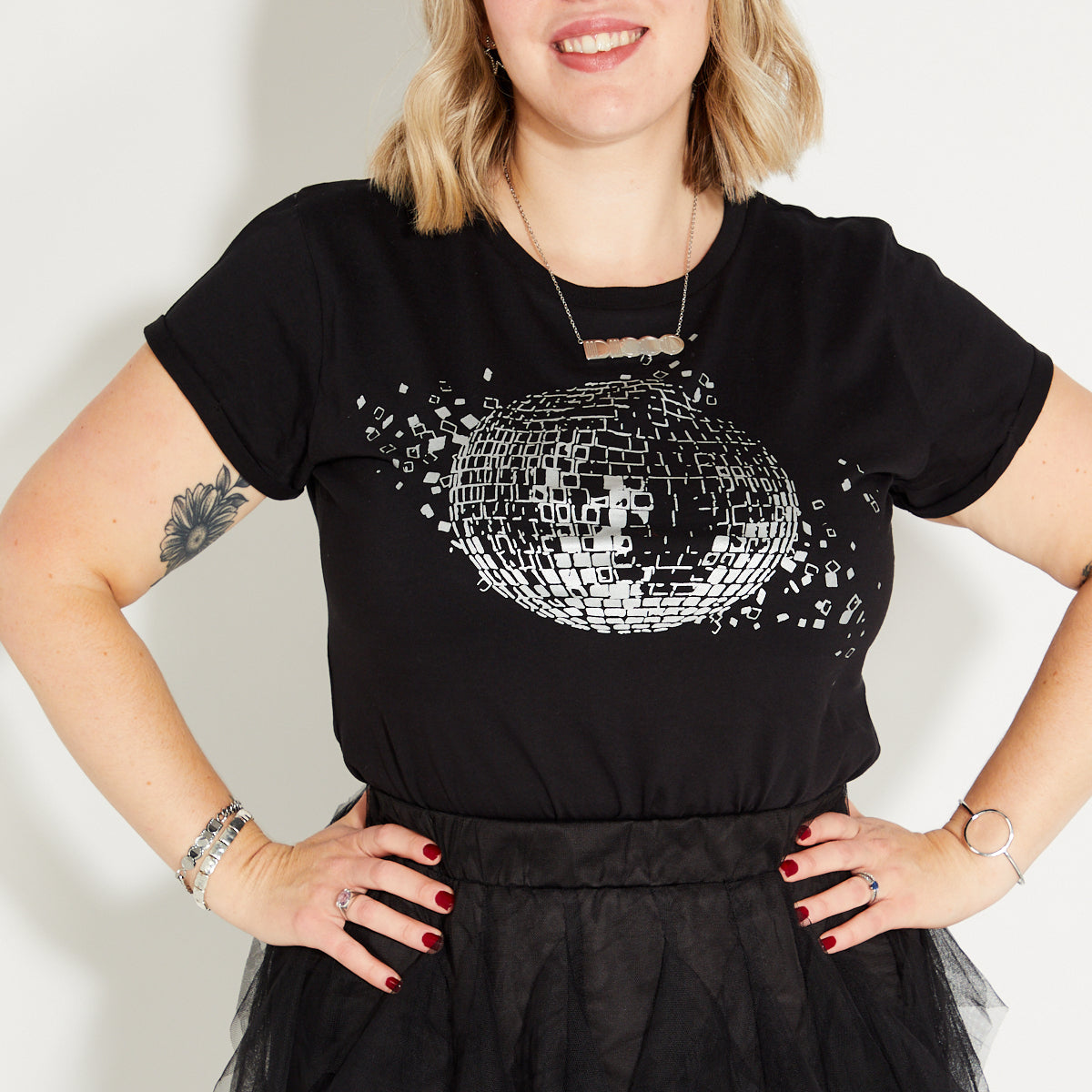 Womens black tshirt with silver discoball design - Disko Kids