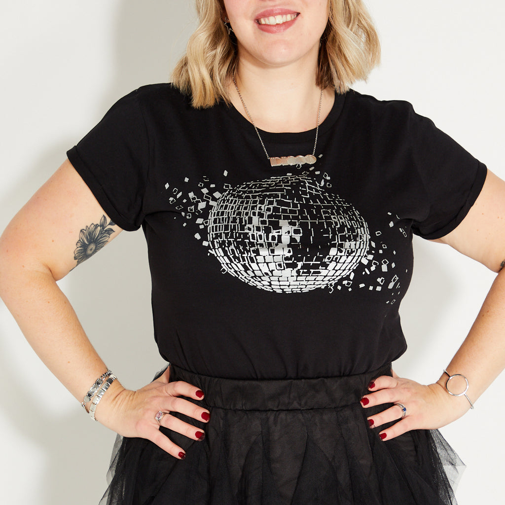 Womens black tshirt with silver discoball design - Disko Kids