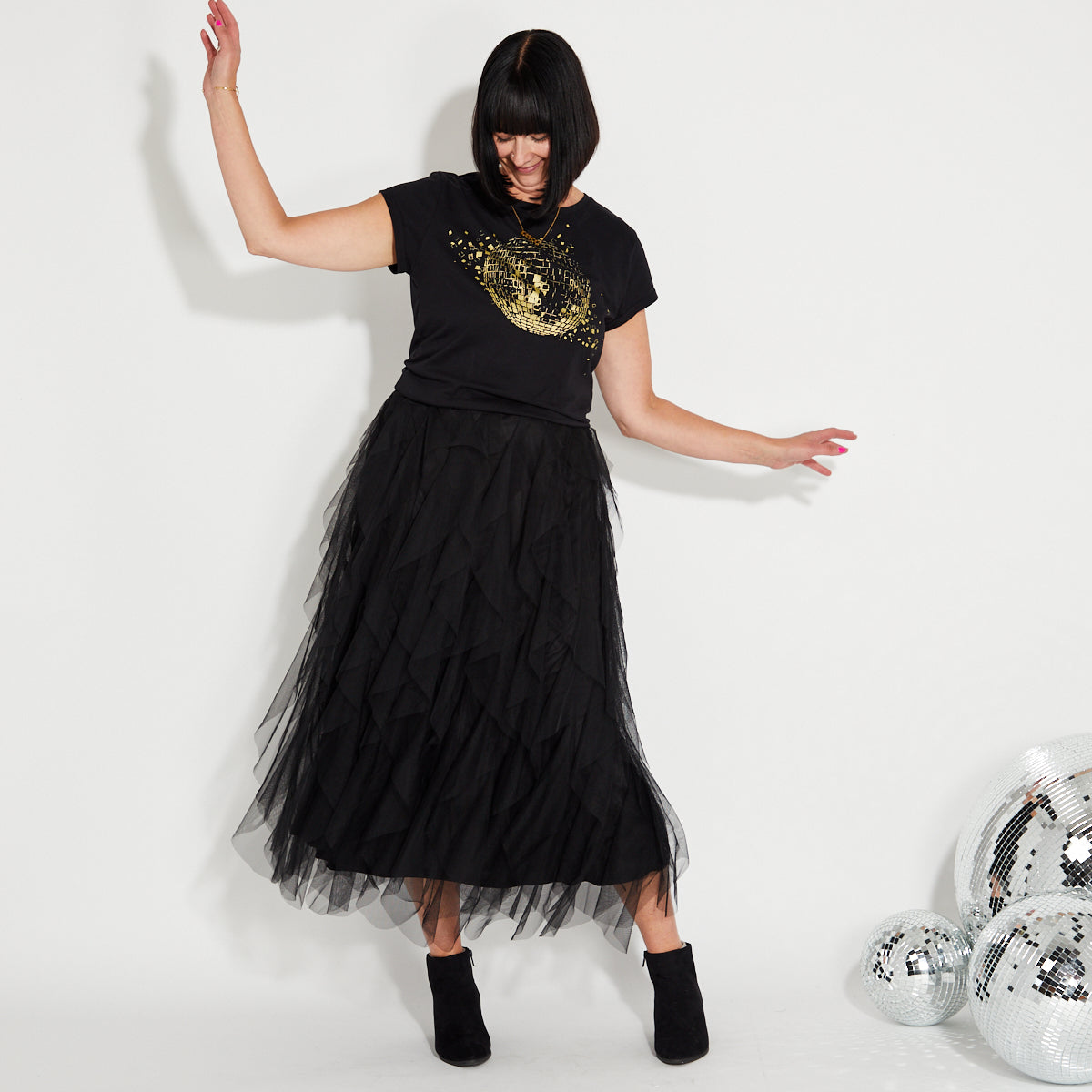 black tulle party skirt wih black and gold disco ball