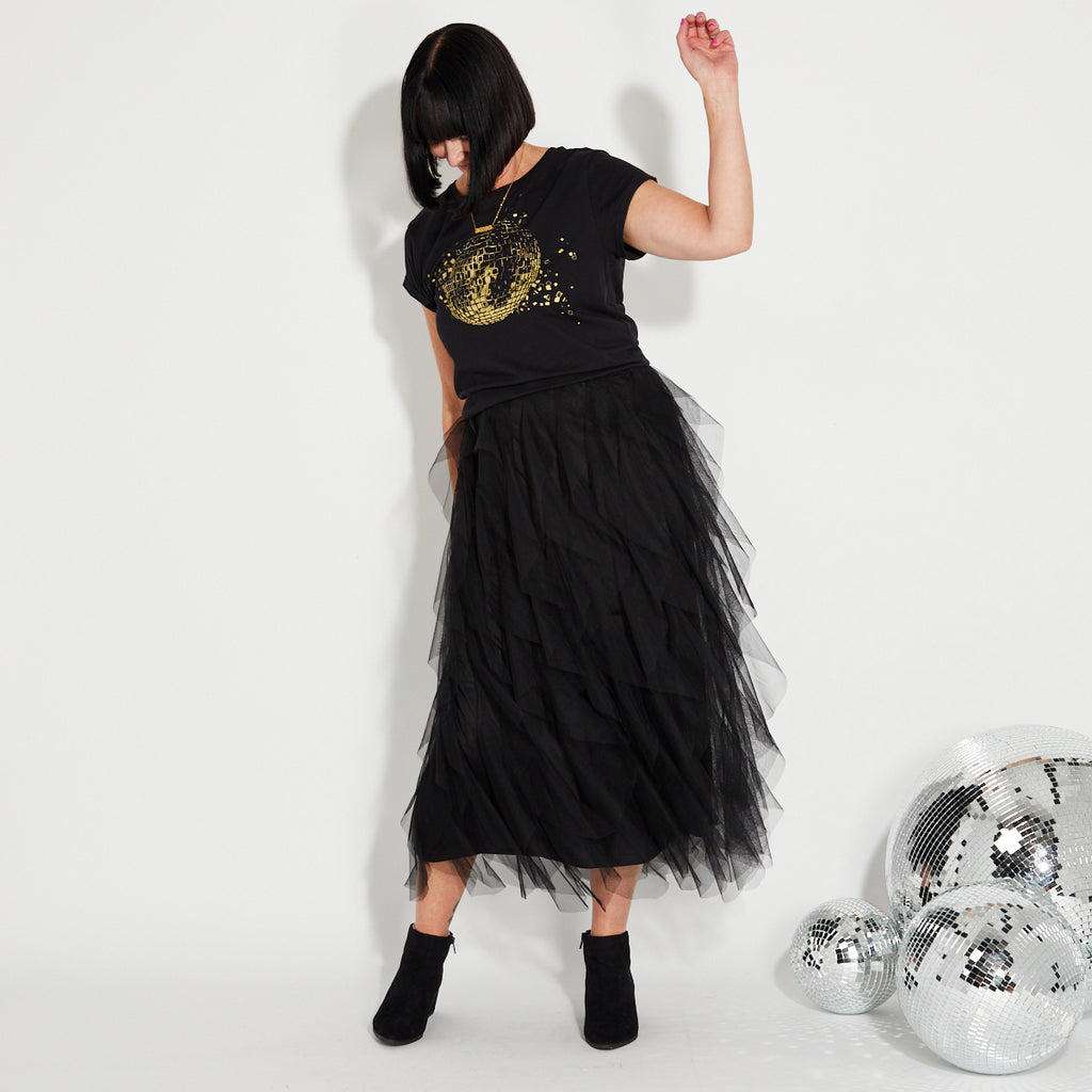 Womens black tshirt with gold discoball design - Disko Kids