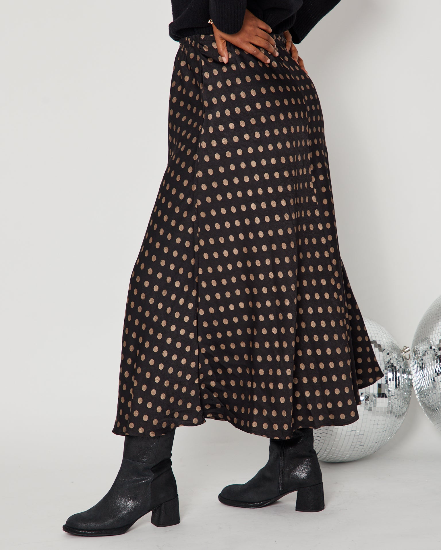 Polka Dot Satin Skirt close up side view