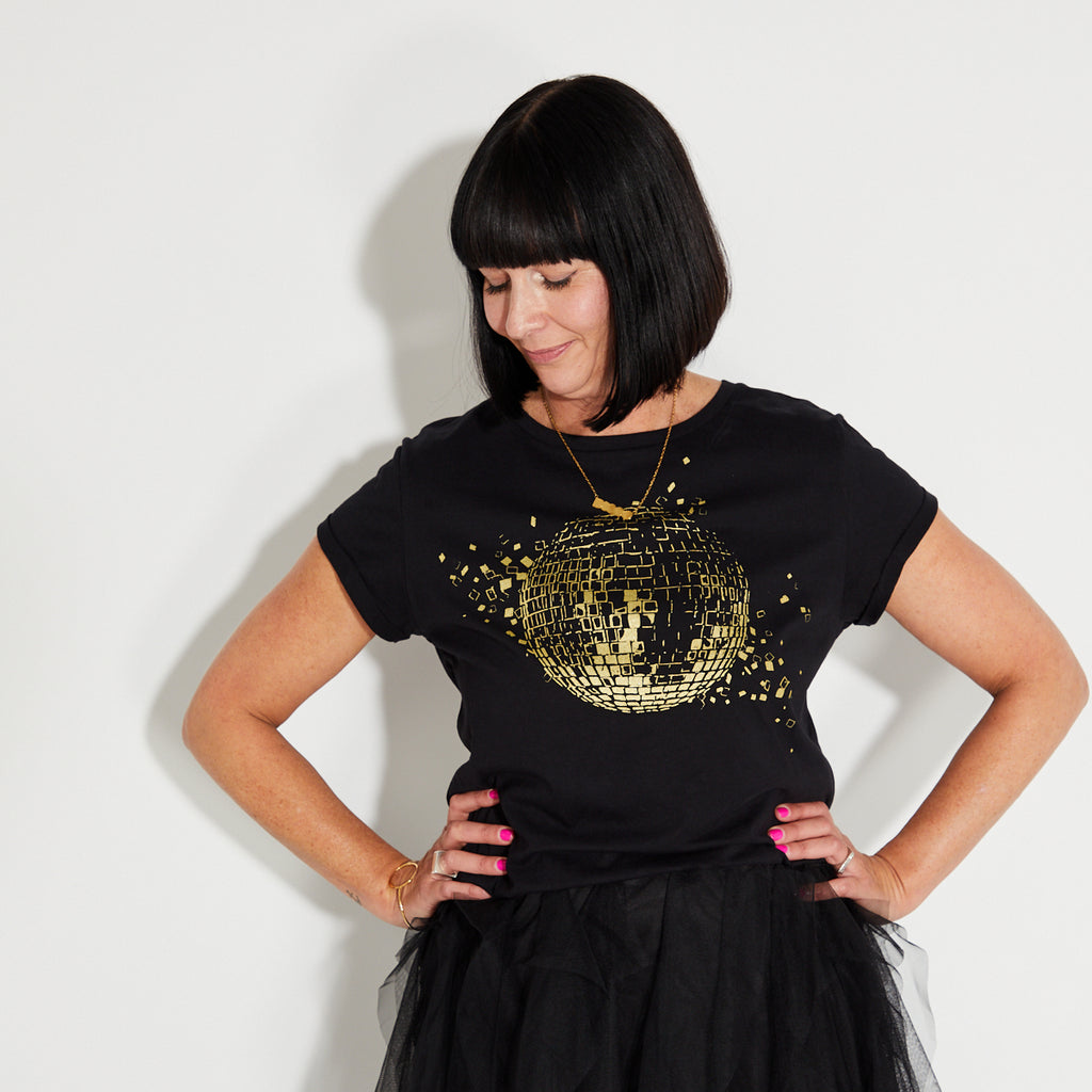 Womens black tshirt with gold discoball design - Disko Kids