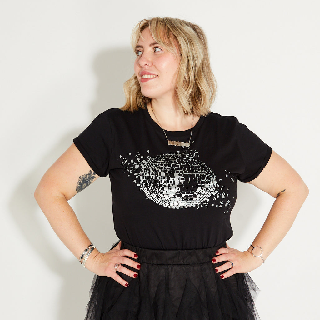 Womens black tshirt with silver discoball design - Disko Kids