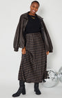 Polka Dot Satin Skirt black and gold full outfit with boots, knit and leather jacket for autumn winter