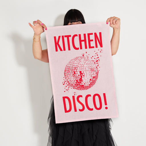 Kitchen disco tea towel pink red