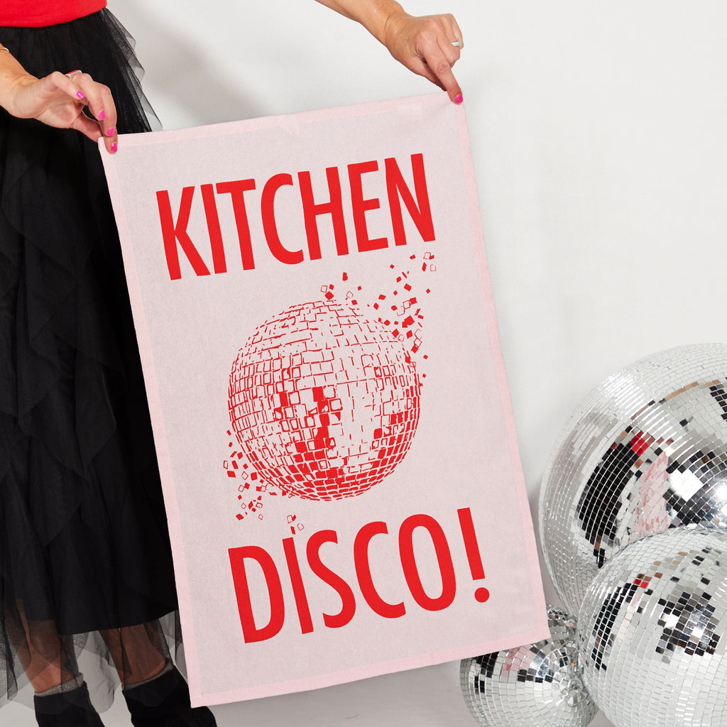 Kitchen disco tea towel pink red