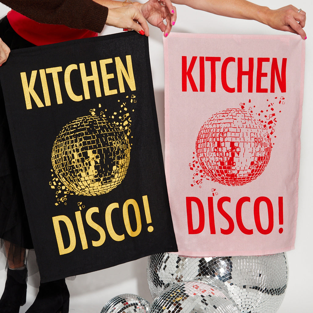 Kitchen disco tea towel pink red and black gold