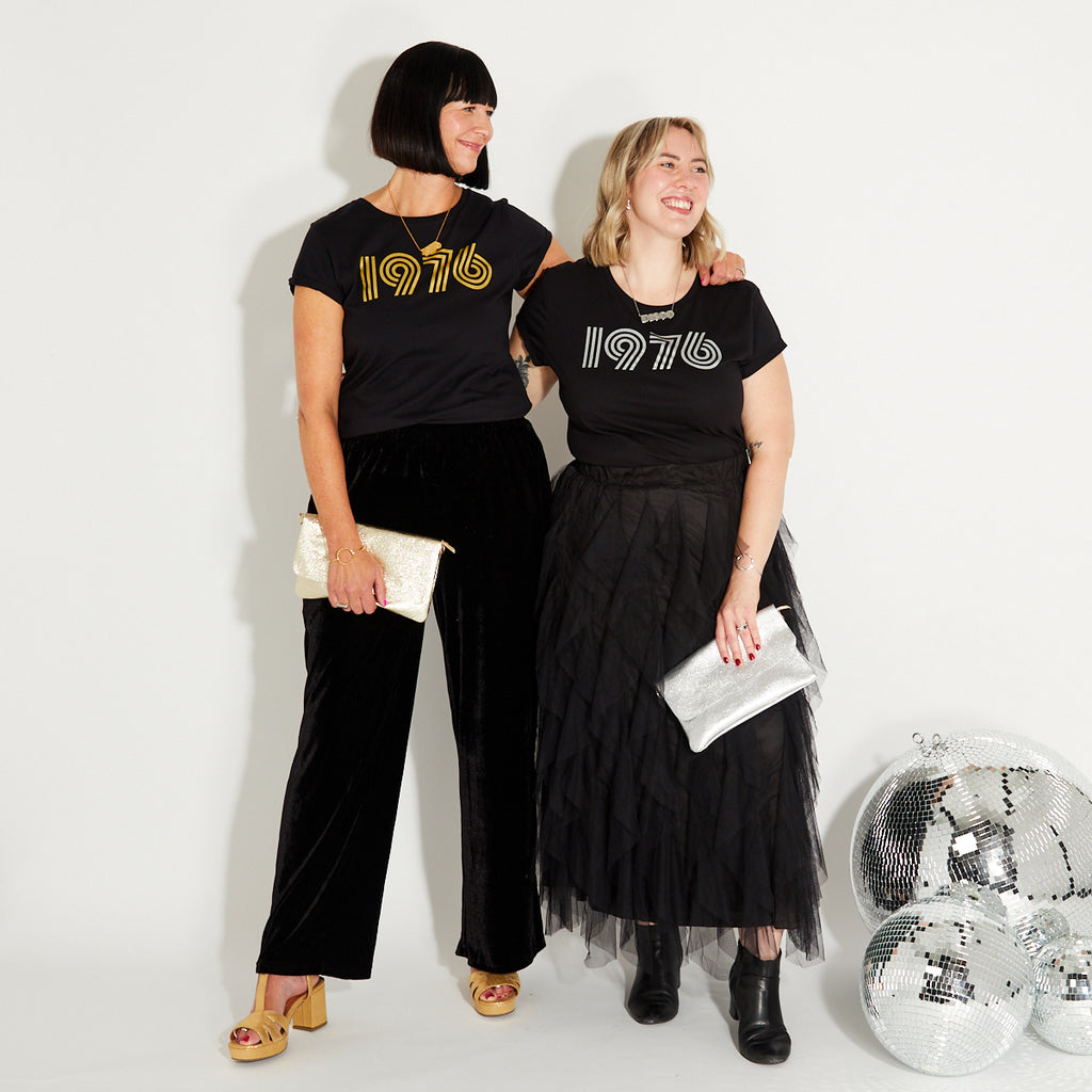 Womens 1976 black tshirt with gold print - Disko Kids