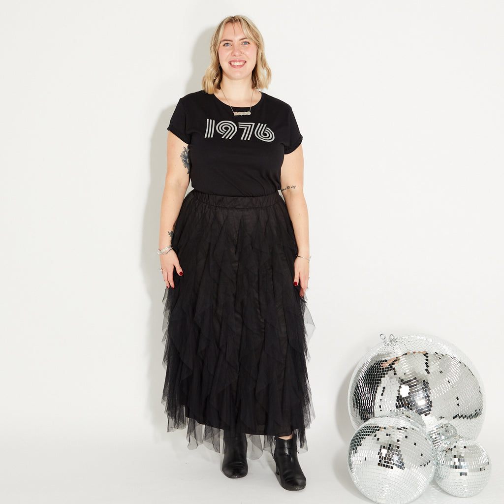Womens 1976 black tshirt with silver print - Disko Kids