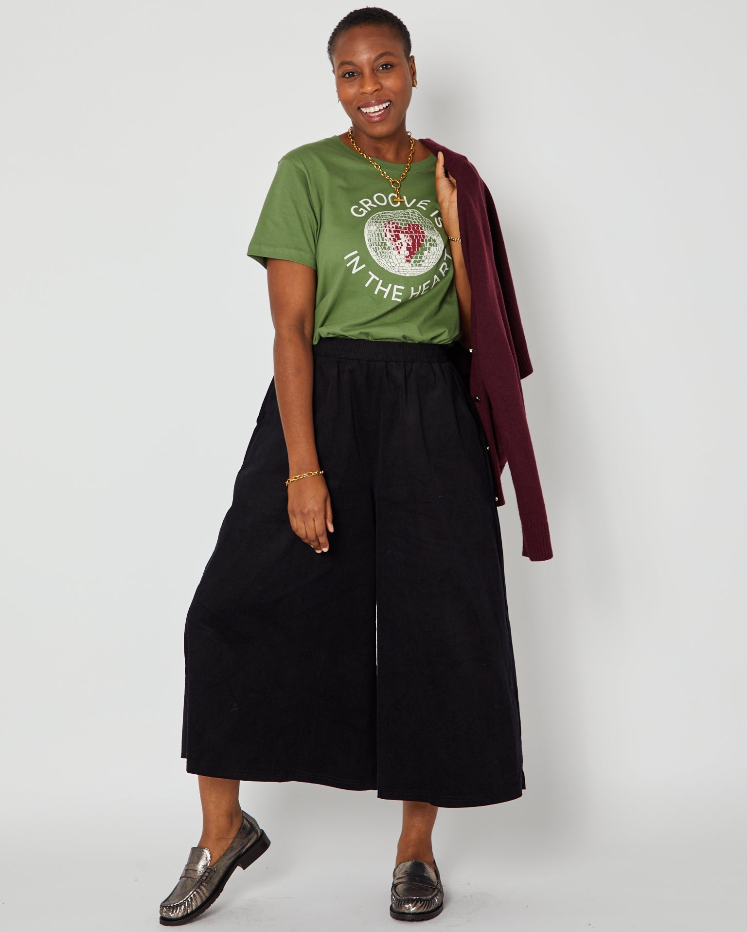 black corduroy culottes for autumn styled with Disko Kids groove is in the heart tshirt and loafers