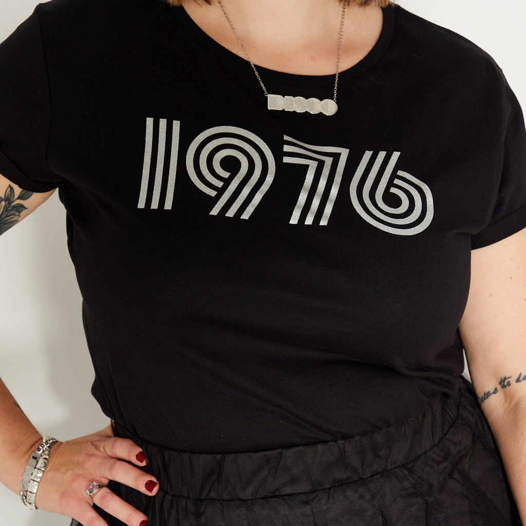Womens 1976 black tshirt with silver print - Disko Kids