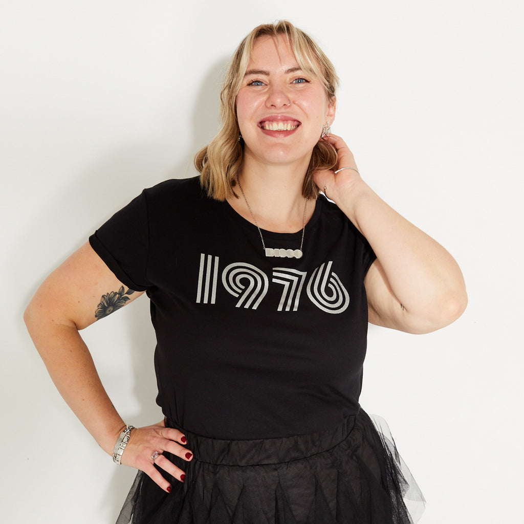 Womens 1976 black tshirt with silver print - Disko Kids