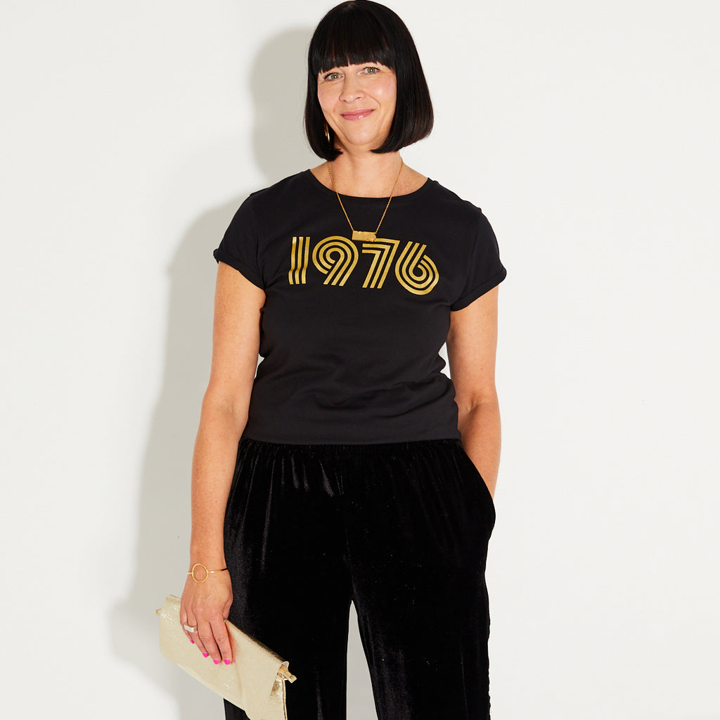 Womens 1976 black tshirt with gold print - Disko Kids
