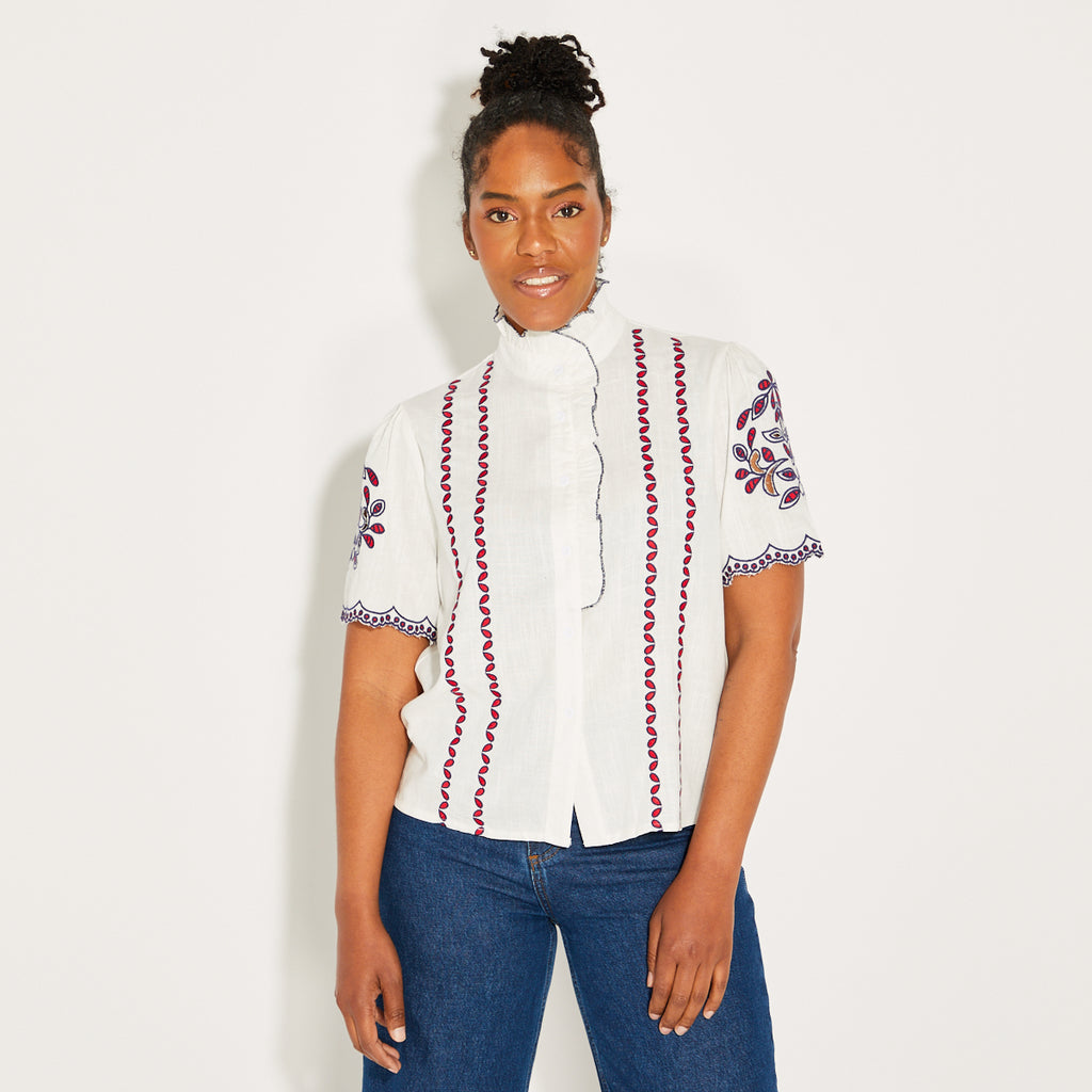White Short Sleeve Embroidered Shirt