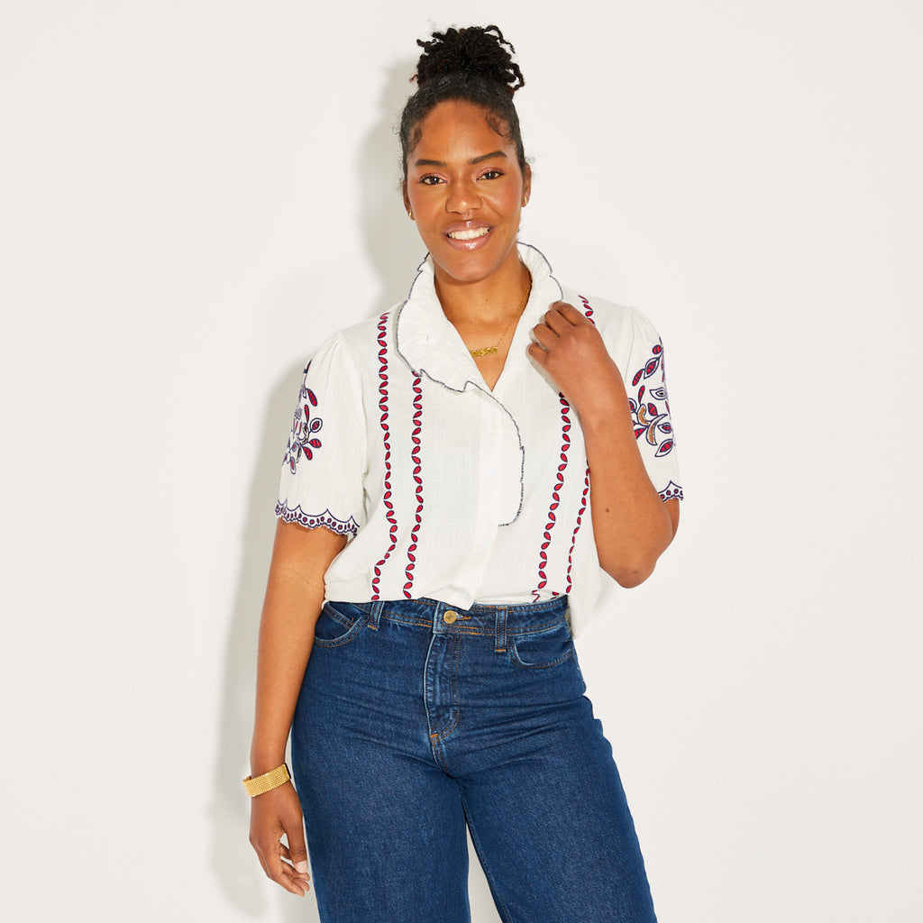 White Short Sleeve Embroidered Shirt