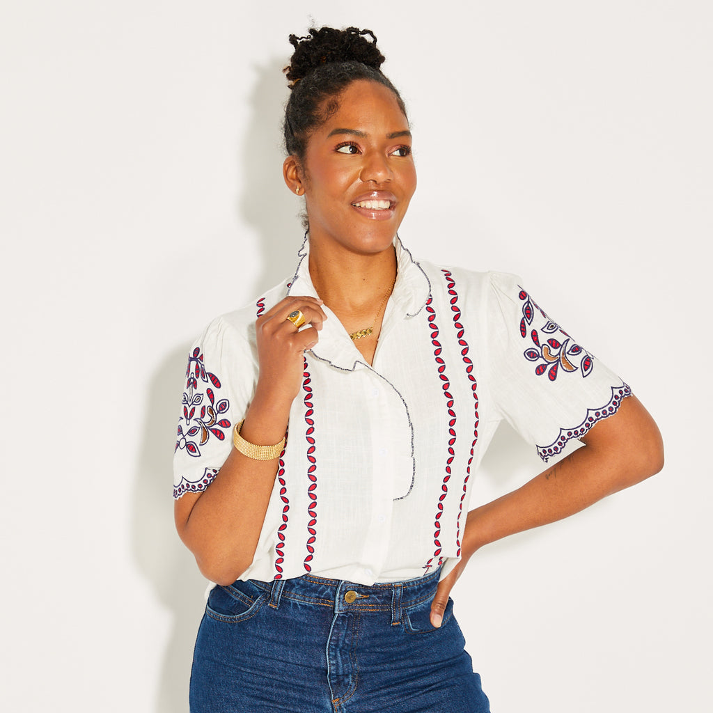 White Short Sleeve Embroidered Shirt
