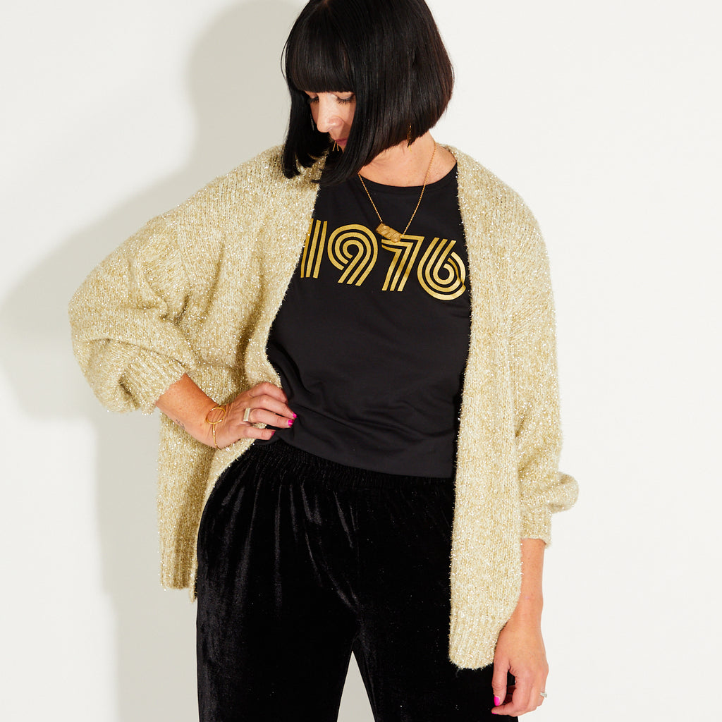 women's gold sparkly disco cardigan