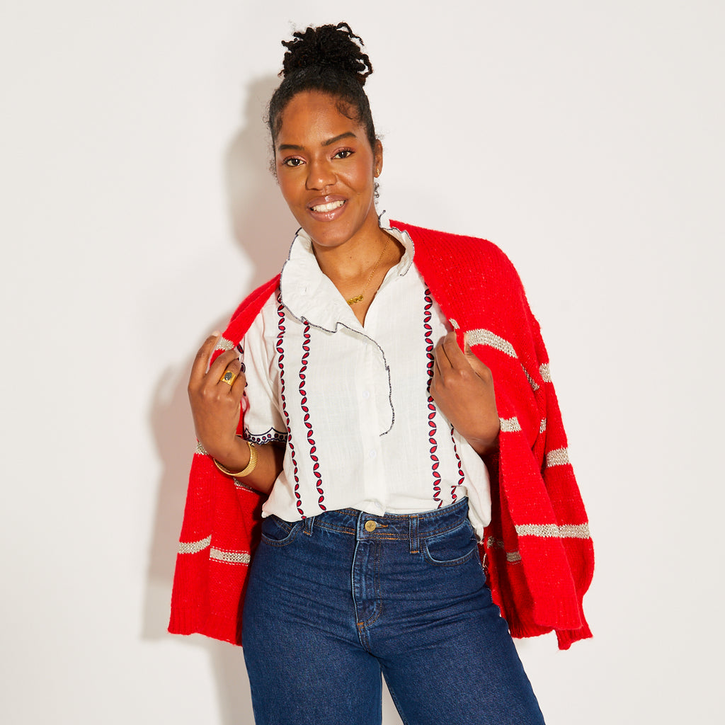 White Short Sleeve Embroidered Shirt