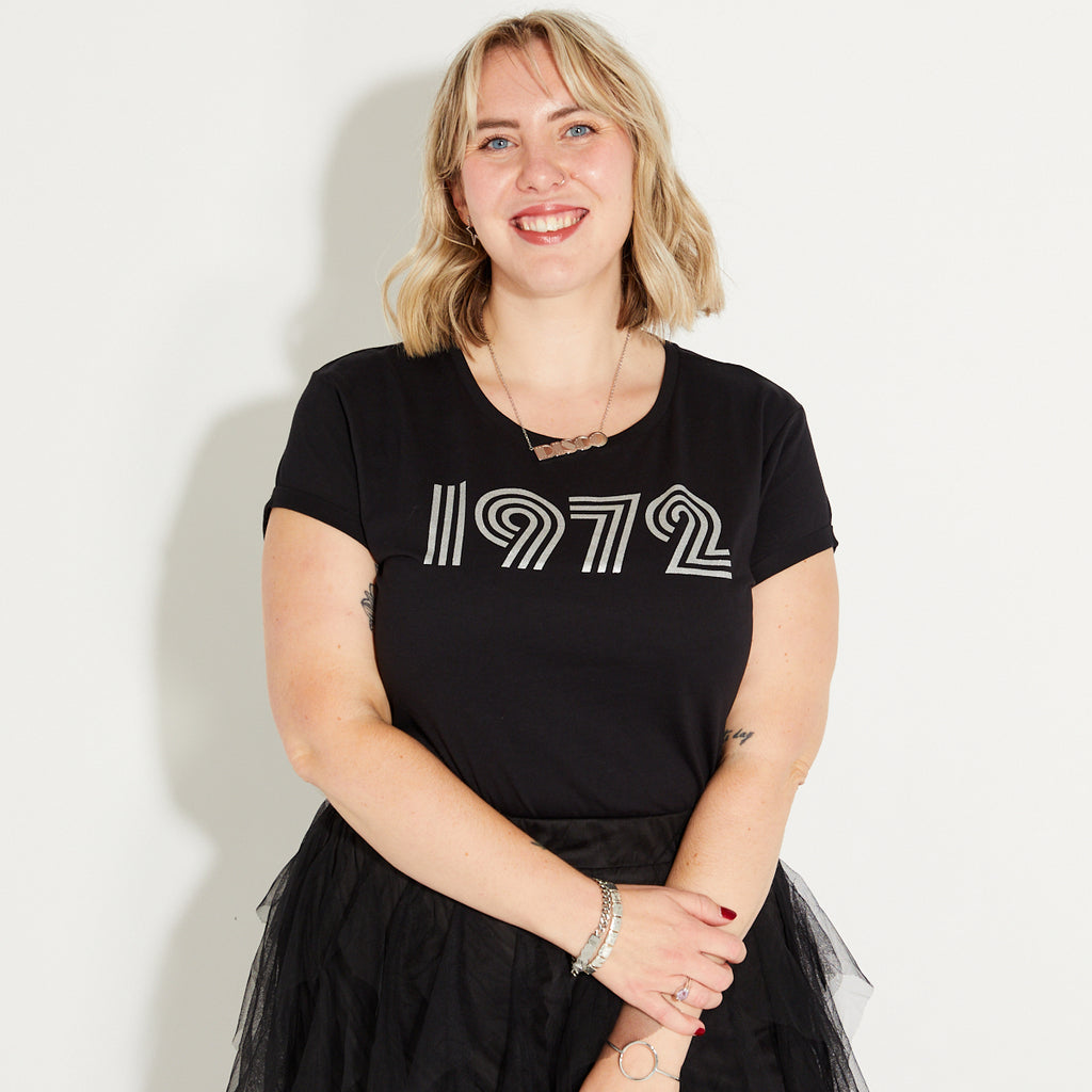 Womens 1972 black Tshirt with silver print - Disko Kids 