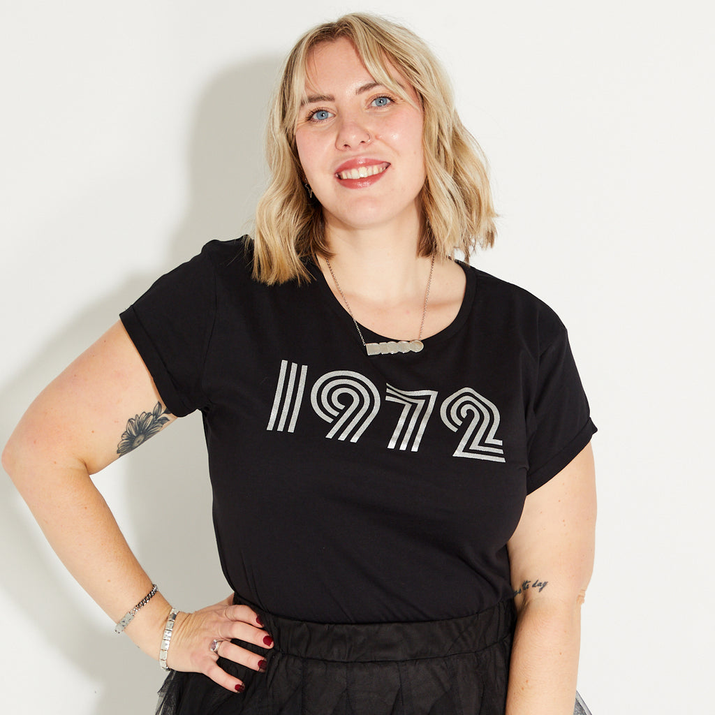Womens 1972 black Tshirt with silver print - Disko Kids 