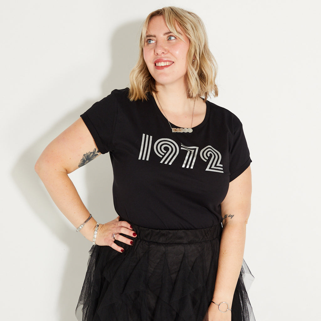 Womens 1972 black Tshirt with silver print - Disko Kids 