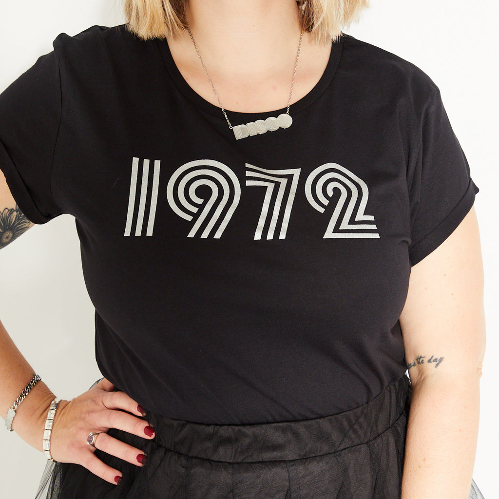 Womens 1972 black Tshirt with silver print - Disko Kids 