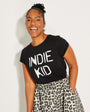 Womens black tshirt with white 'INDIE KID' print - Disko Kids