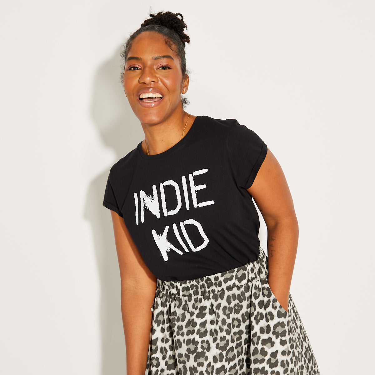 Womens black tshirt with white 'INDIE KID' print - Disko Kids