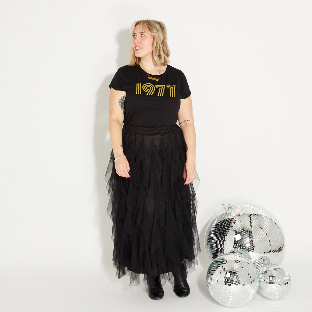 Womens 1977 black tshirt with gold print - Disko Kids