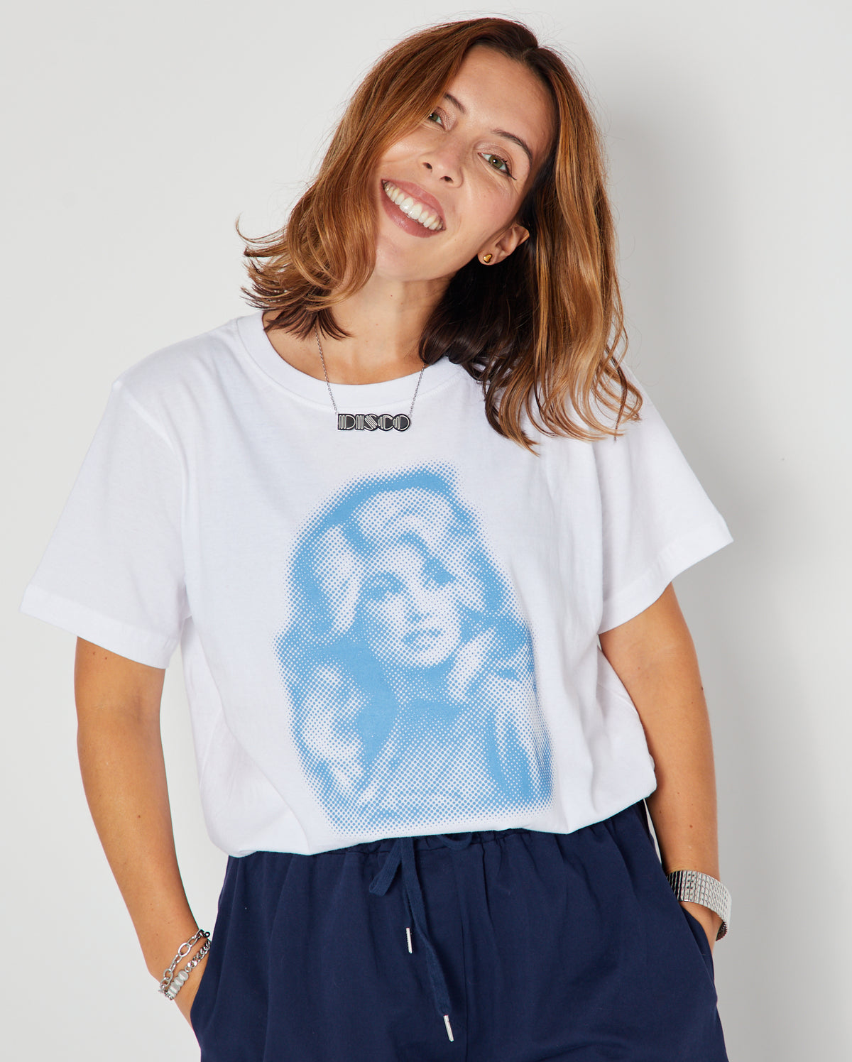 dolly parton inspired tshirt Dolly Dots in wite and blue