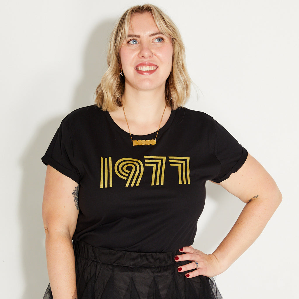 Womens 1977 black tshirt with gold print - Disko Kids