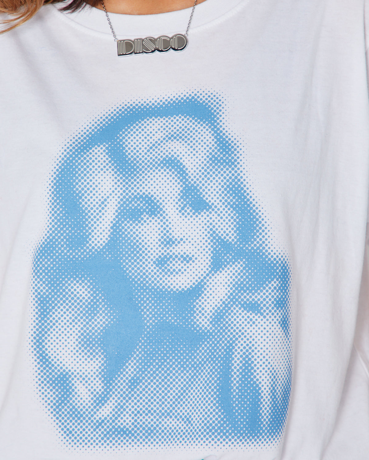 dolly parton inspired tshirt Dolly Dots in wite and blue close up