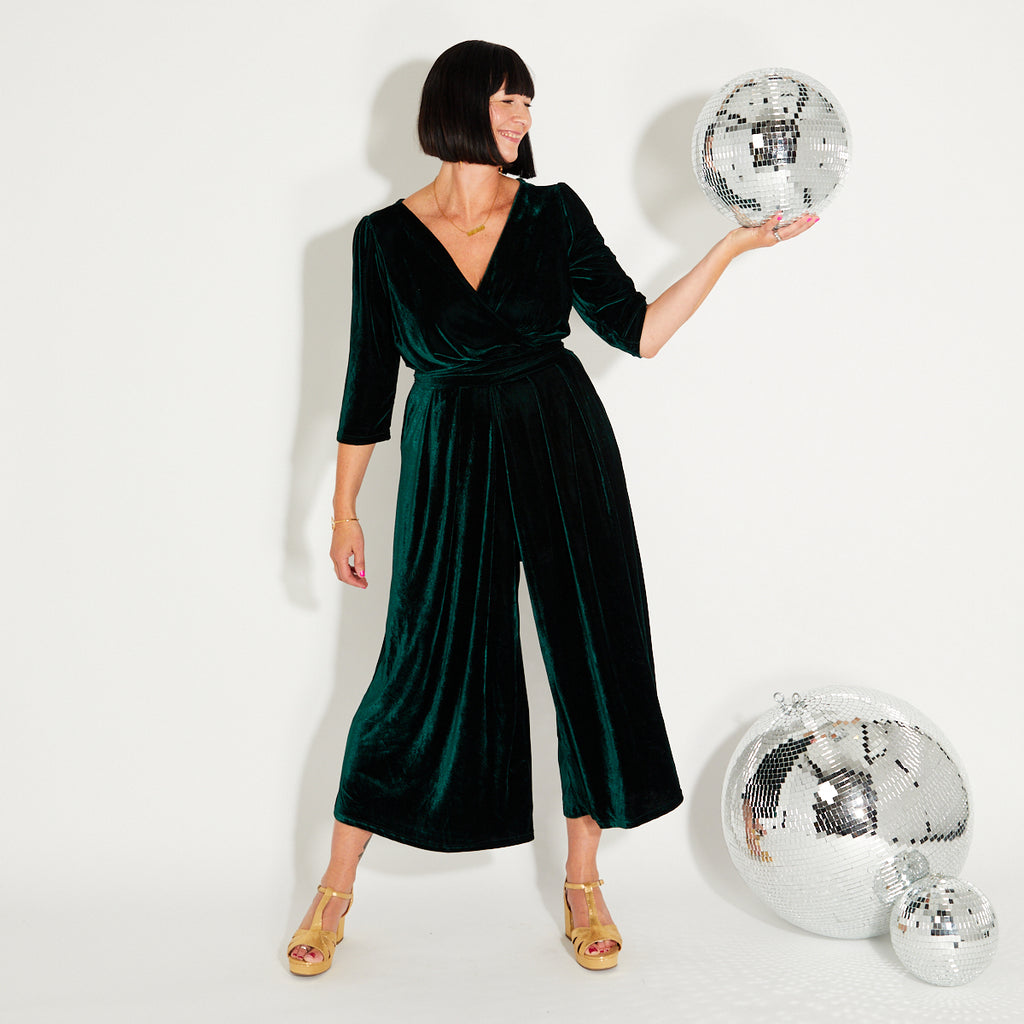 Green Velvet v neck wide leg jumpsuit Disko Kids  Christmas Partywear 