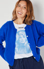 dolly parton inspired tshirt Dolly Dots in wite and blue with blue cardigan and navy trousers disko kids