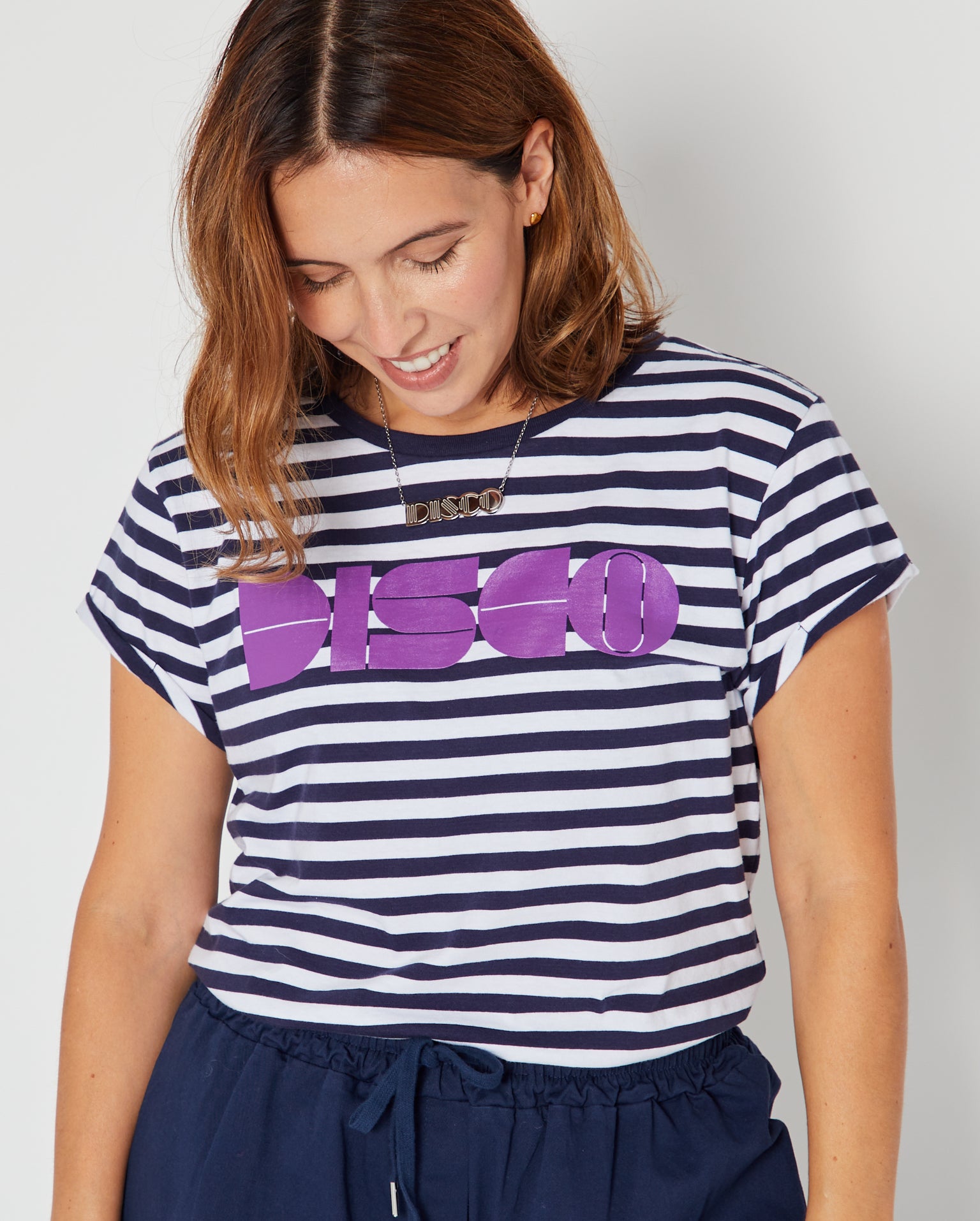 Disco Striped Candi Tshirt Navy & Purple
