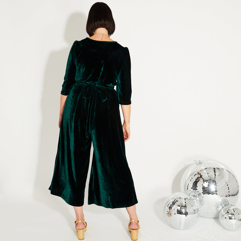 Green Velvet v neck wide leg jumpsuit Disko Kids  Christmas Partywear 