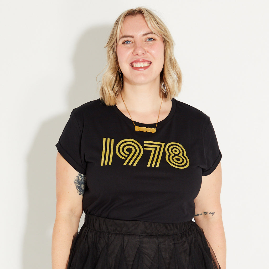 Womens 1978 black tshirt with gold print - Disko Kids
