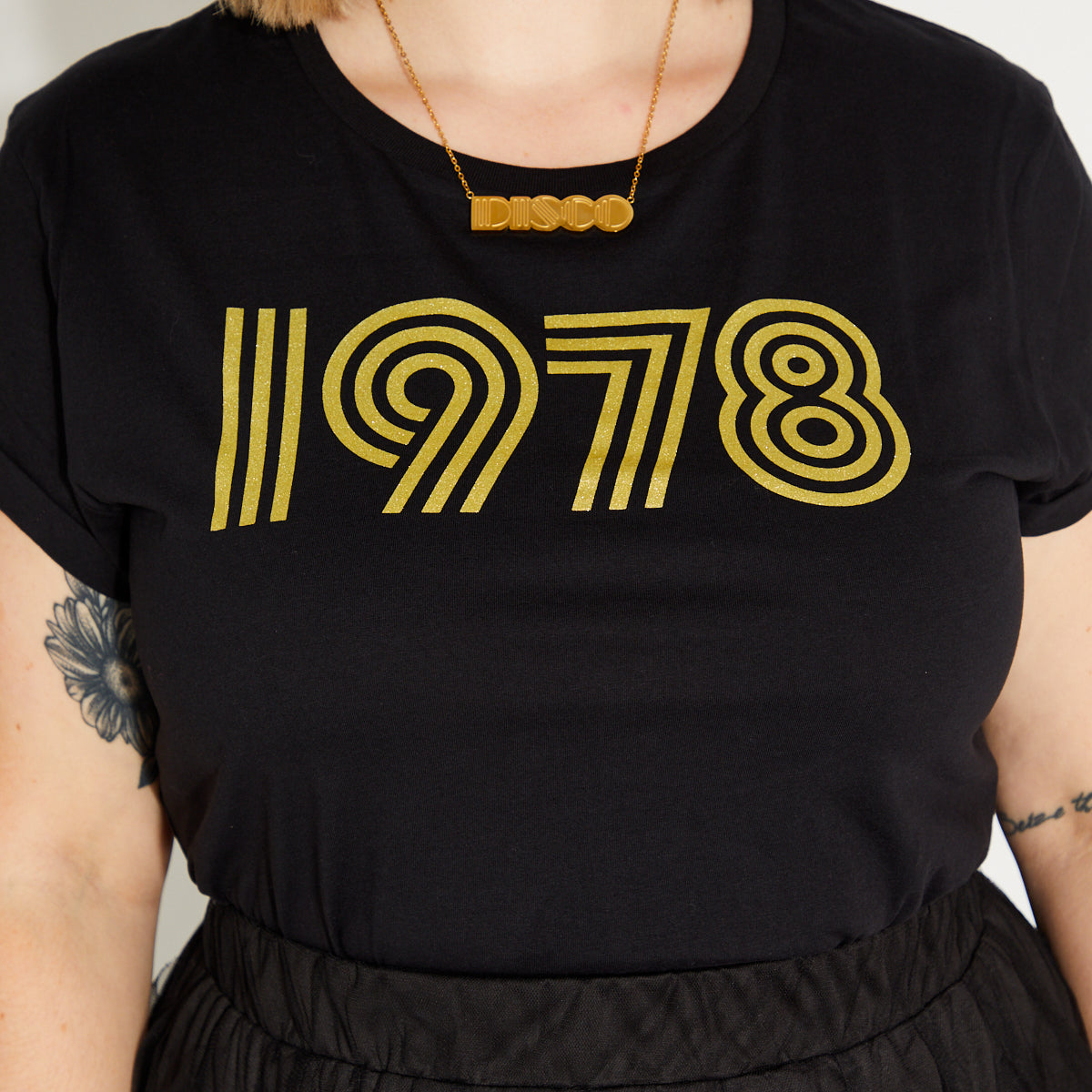 Womens 1978 black tshirt with gold print - Disko Kids