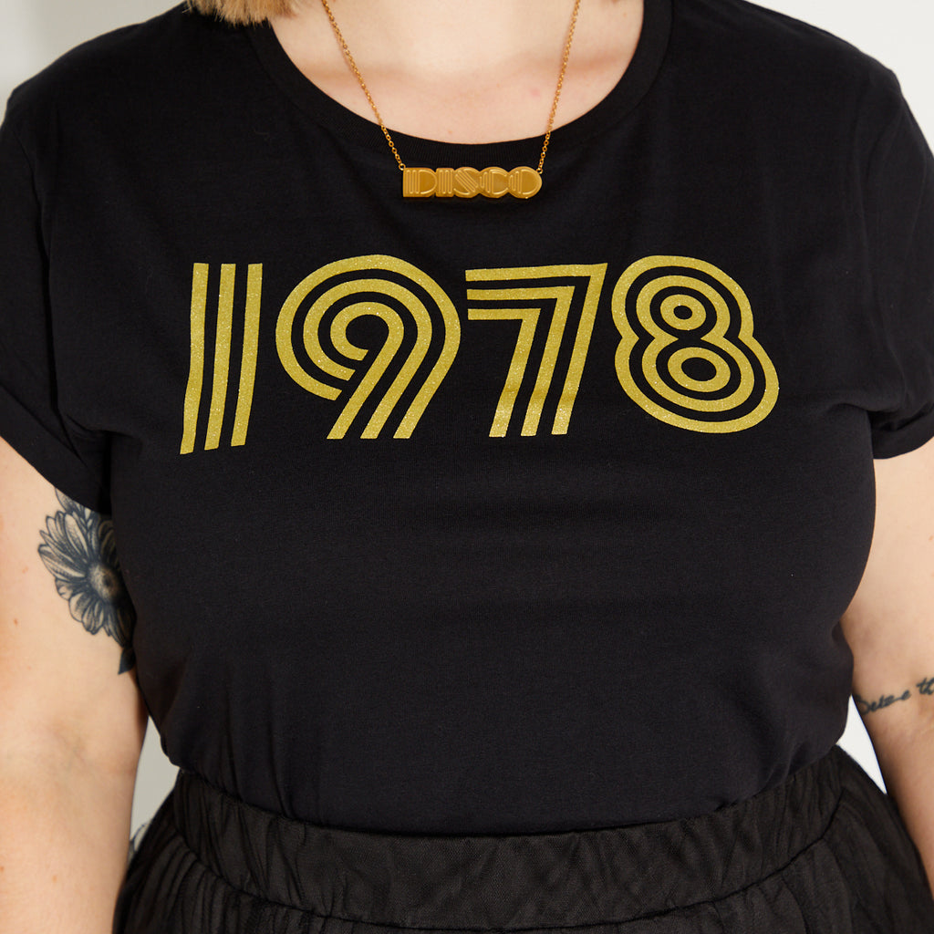Womens 1978 black tshirt with gold print - Disko Kids