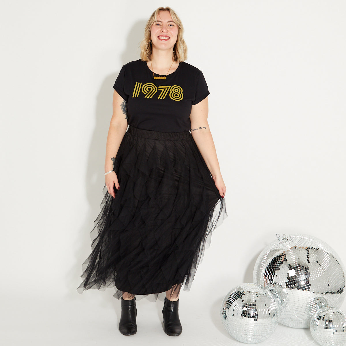 Womens 1978 black tshirt with gold print - Disko Kids