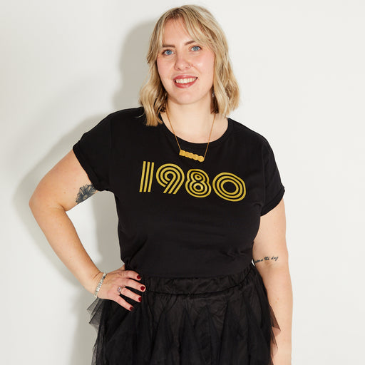 Womens 1980 black tshirt with gold print - Disko Kids