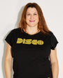 Womens black t-shirt with gold 'DISCO' print - Disko Kids