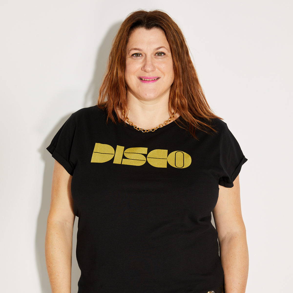 Womens black t-shirt with gold 'DISCO' print - Disko Kids