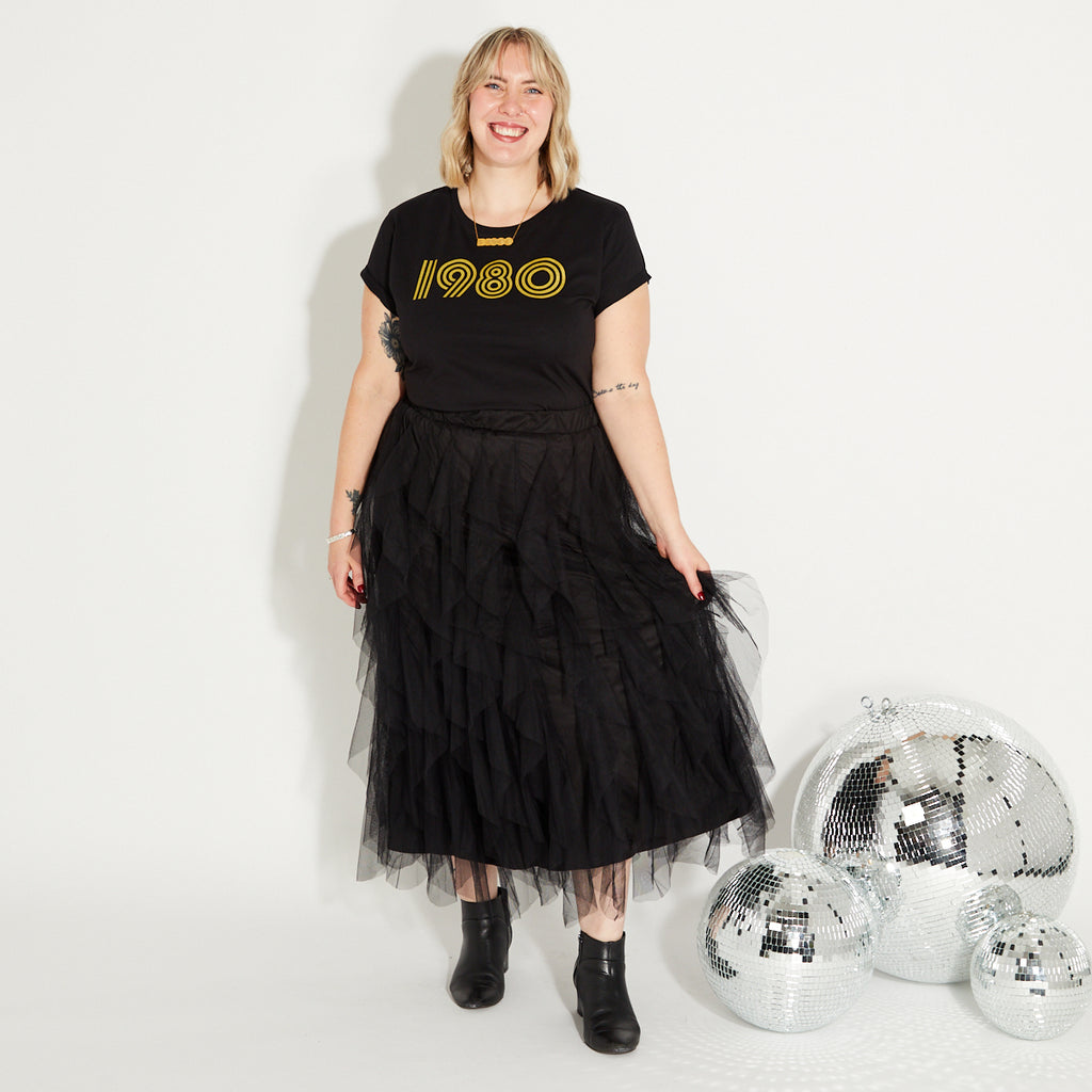 Womens 1980 black tshirt with gold print - Disko Kids